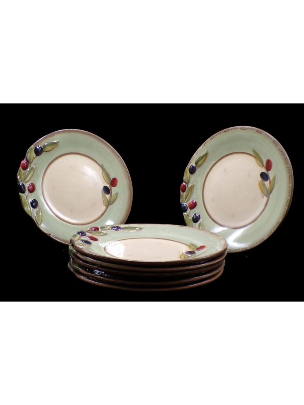 Clay Art Oliva Italiana Hand Painted 11" Dinner Plates Discontinued Set of (7)